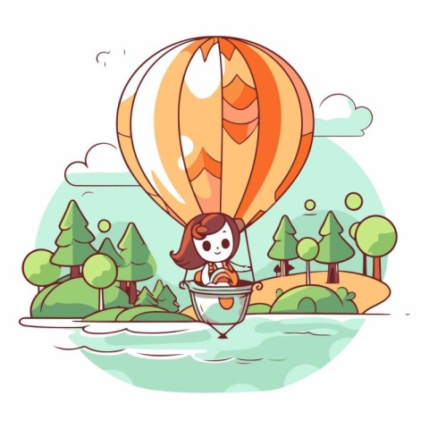 Cute little girl flying on hot air balloon.