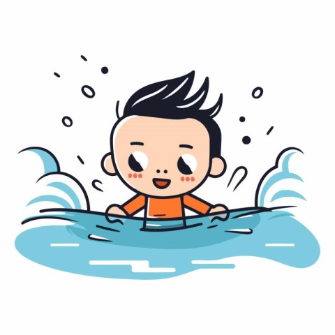 Cute little boy swimming in the sea. Vector cartoon illustration