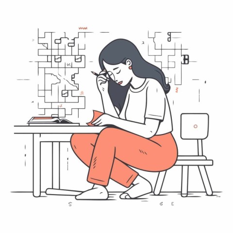 Illustration of a woman sitting at her desk and thinking about a