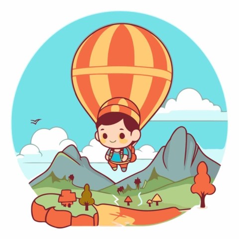 Cute cartoon boy flying in hot air balloon.