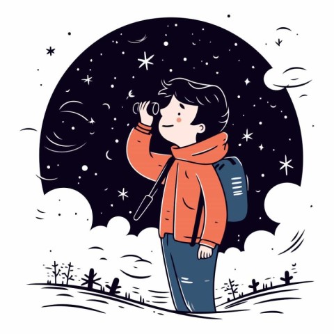 Boy looking through binoculars in the night sky.