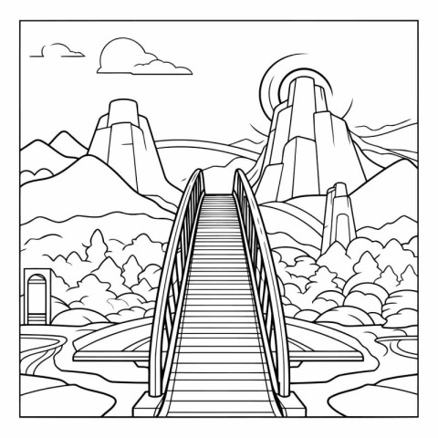 Bridge over the river with mountains in the background. Coloring