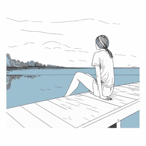 Young woman sitting on the pier and looking at the lake