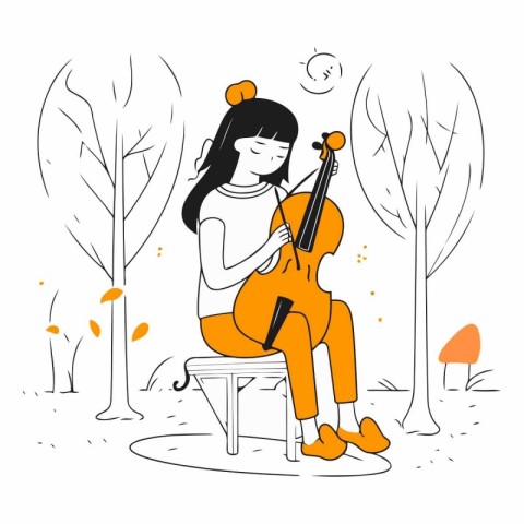 Girl playing the cello on a bench in the park