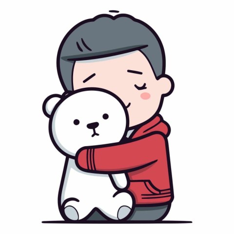 Vector illustration of a boy hugging a white bear. Cute cartoon