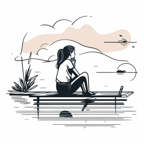 Girl sitting on a bench on the lake. Vector hand drawn illustrat