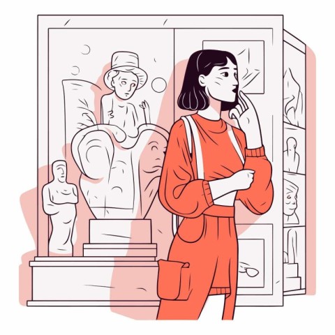 Illustration of a young woman looking at an exhibit in a museum