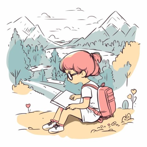 Vector illustration of a girl with a backpack reading a book in