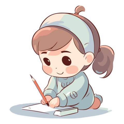 Cute little girl writing in a notebook. Cartoon vector illustrat