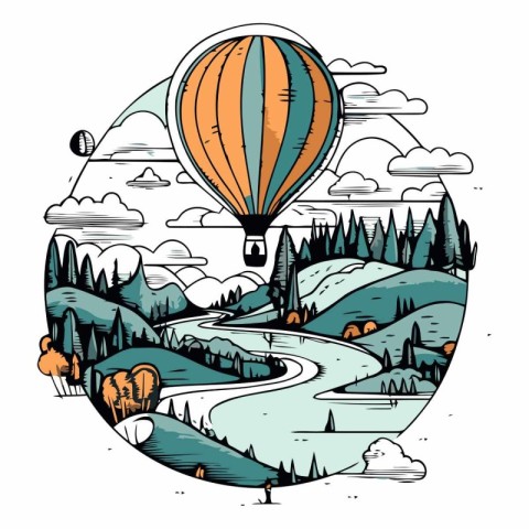 Hand drawn vector illustration of a hot air balloon flying over