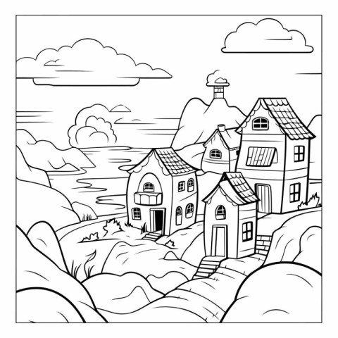 Coloring book for children: fairy tale house in the mountains.