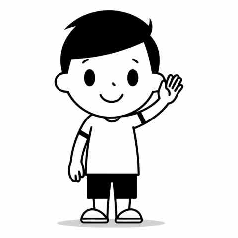 Cute little boy waving hand in cartoon style.