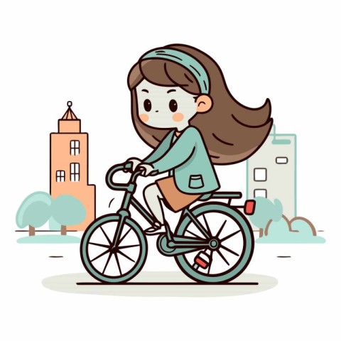 Young woman riding bicycle in the city in cartoon style.