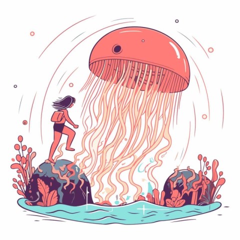 Vector illustration of a girl swimming in the sea with a jellyfi