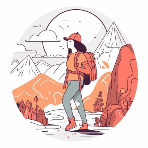 Hiking woman with backpack in mountains in flat style