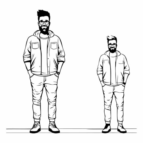 Hipster men in casual clothes. Vector sketch illustration of a b