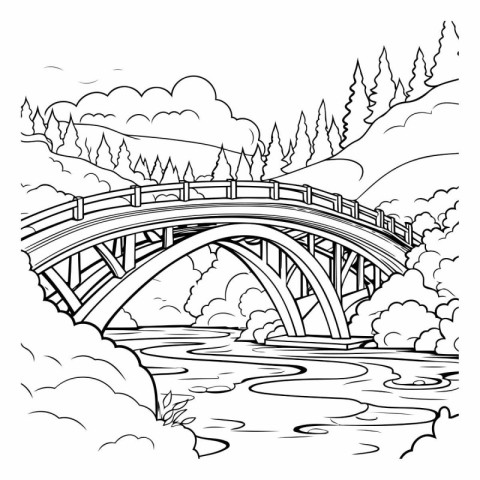 Bridge over the river. Black and white vector illustration for c