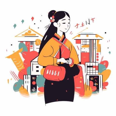 Vector illustration of a girl in a kimono with a bag in her hand