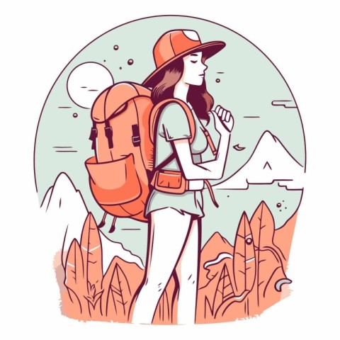 Vector illustration of a girl with a backpack hiking in the moun