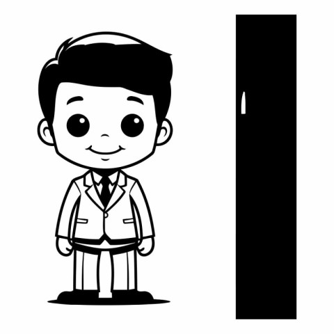 Black and white illustration of a boy in a suit standing in fron