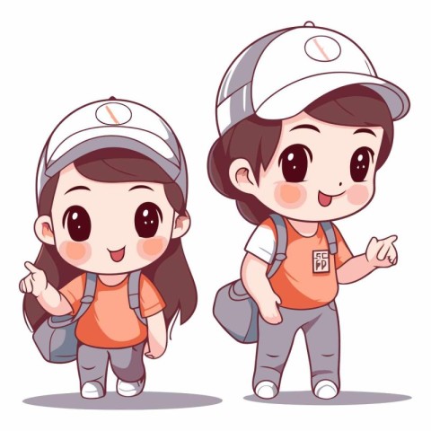 Cute little asian boy and girl with backpack.