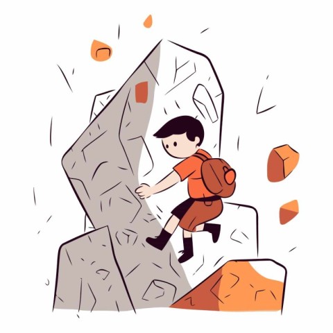 Little boy climbing up the rock in cartoon style.