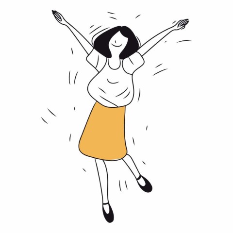 Happy woman with raised hands in doodle style.