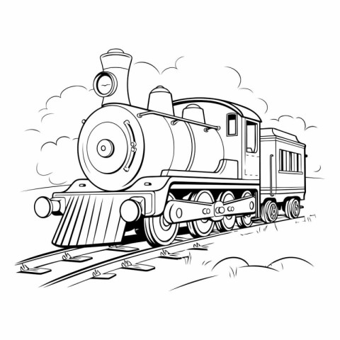 Vintage steam locomotive on rails. Hand drawn vector illustratio