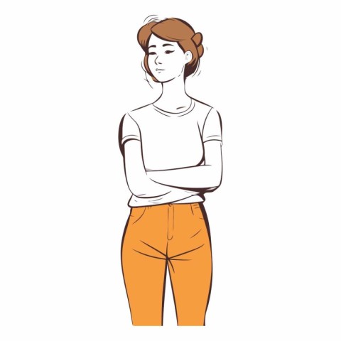 Young woman standing with her arms crossed in sketch style.