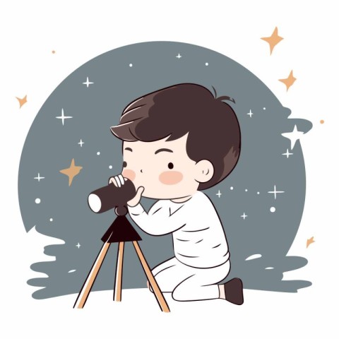 boy looking through binoculars at starry night