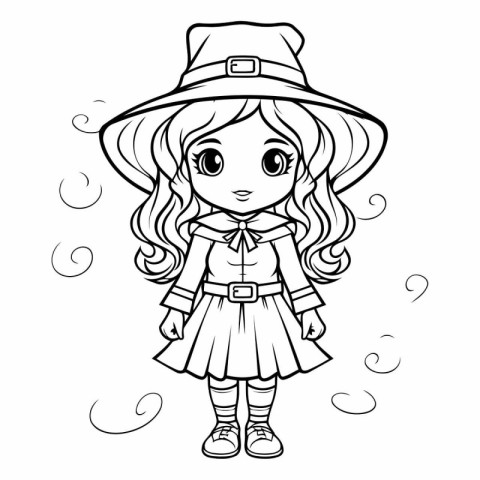 Coloring Page Outline Of Cute Cartoon Witch Vector Illustration.