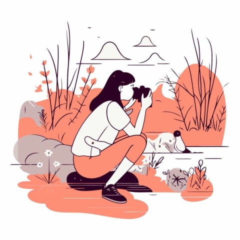 Vector illustration of a woman taking photos of her dog in the p