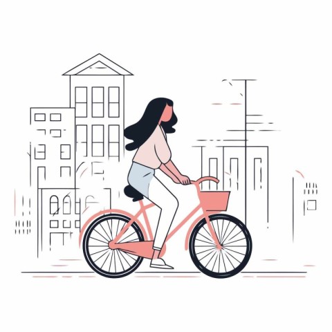 Young woman riding a bicycle in the city in flat style