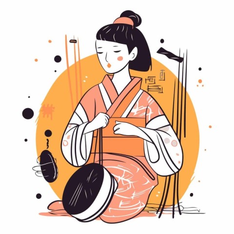 Vector illustration of a girl in a kimono with chopsticks