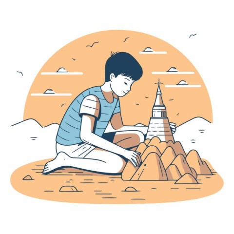 Young man sitting on the beach and looking at the lighthouse.