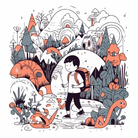 Hiking in the forest of a boy with a backpack.