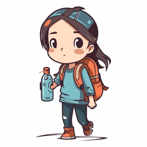 Cute little girl with backpack and water bottle.