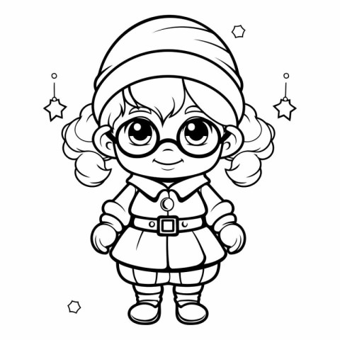 Black and White Cartoon Illustration of Cute Little Elf Characte