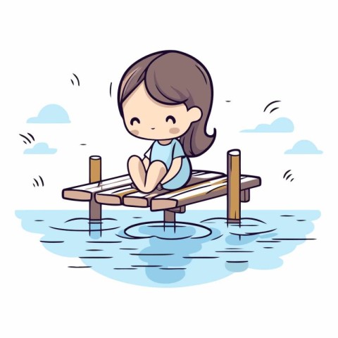 Little girl sitting on a pontoon in the sea.