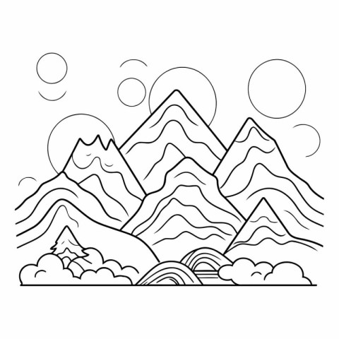 Line art illustration of mountains and rainbow in black and whit