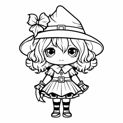 Cute little girl dressed as a witch. Black and white vector illu