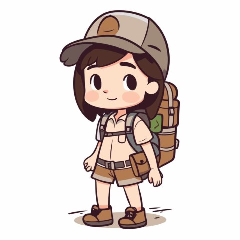 Cute Cartoon Girl Hiking with Backpack.