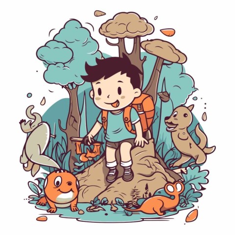 Little boy hiking in the forest with his friends.