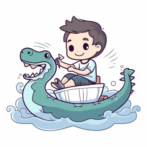 Boy riding a crocodile on a boat. Vector cartoon illustration.