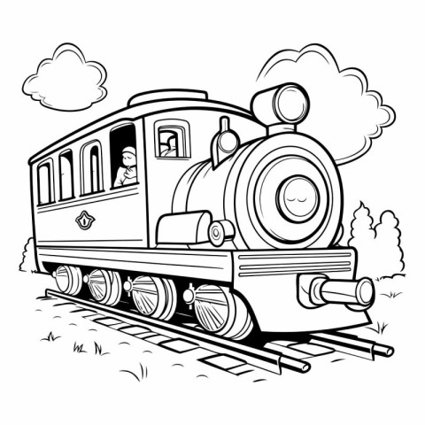 Steam locomotive black and white vector illustration. Steam loco