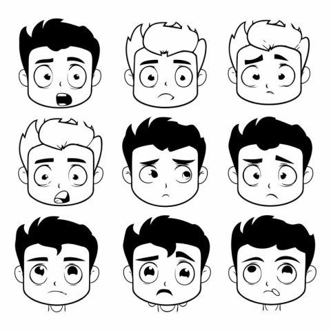 Set of boy face expressions in black and white.