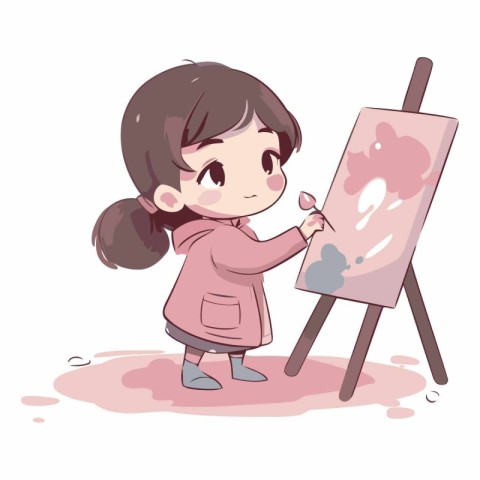 Cute little girl painting on easel. Vector cartoon illustration.