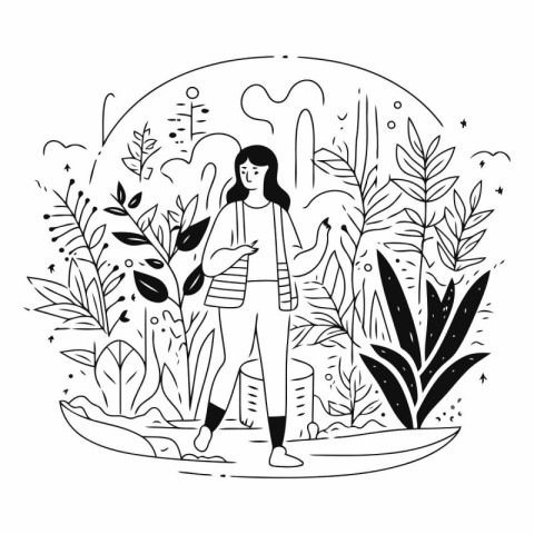 Vector illustration of a woman walking in the park with plants a