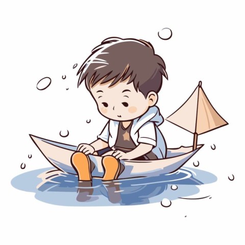 Cute little boy riding a boat in the sea