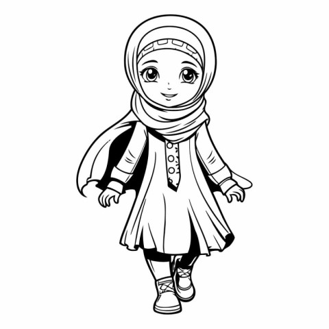 Cute cartoon muslim girl in traditional clothes.